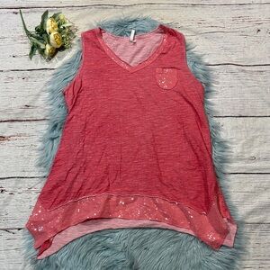 Lulu-B Sequin Pocket Asymmetrical Hem V-neck Burnout Tank